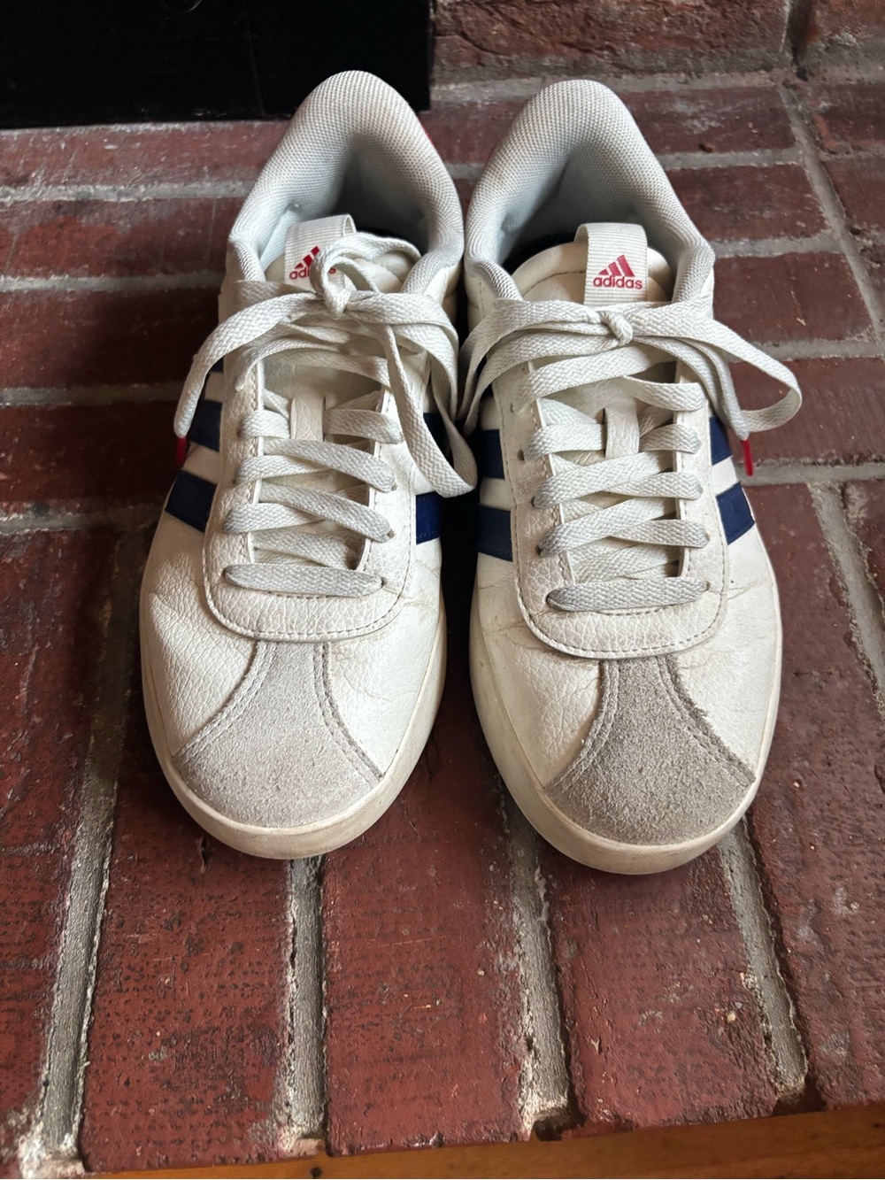 Adidas White Sneakers with Navy and Red Stripes